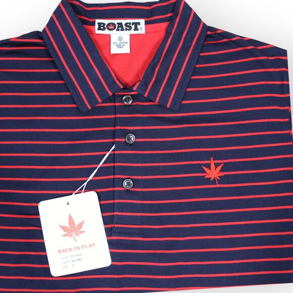 BOAST USA Men Medium Classic Jersey Striped Polo Shirt Navy Red Cotton Leaf Logo - Picture 12 of 14